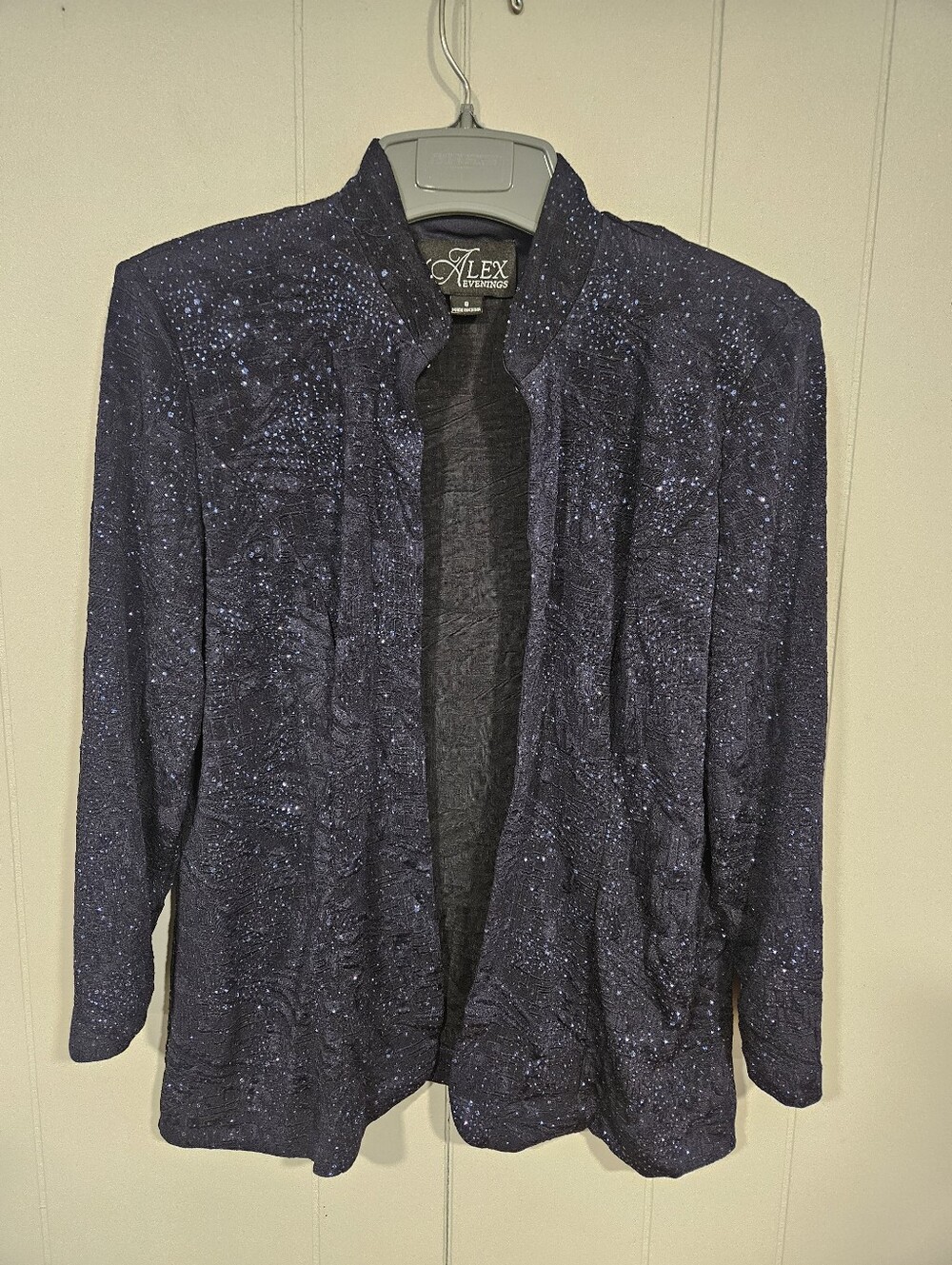 Alex Evenings Womens Size 8 Blue Black Sequin Jacket Shoulder Pads Sparkly NWOT